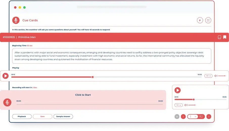 IELTS speaking practice module with cue cards and recording feature on Alfa IELTS platform