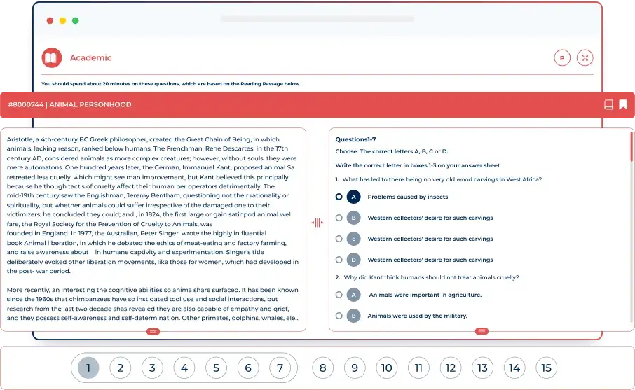 IELTS reading practice test interface with passage and multiple choice questions on Alfa IELTS platform