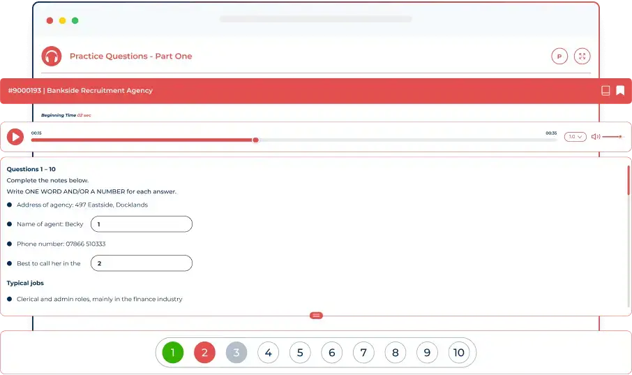 IELTS listening practice test interface with audio player and questions on Alfa IELTS platform