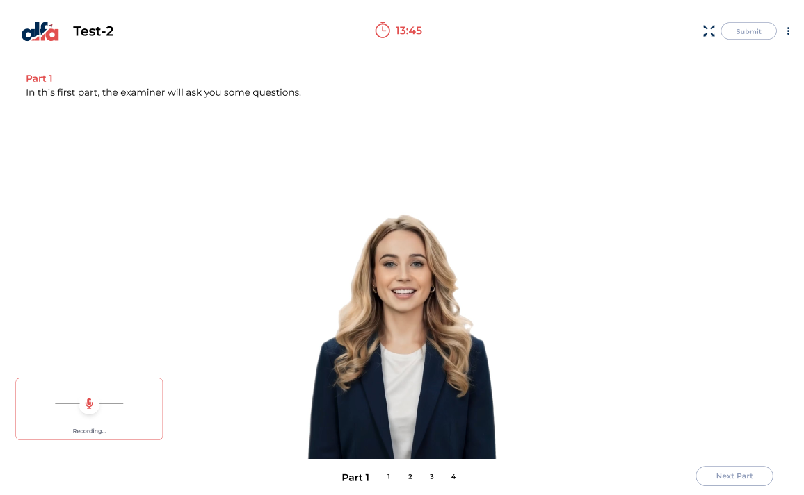 IELTS speaking mock test online free with AI examiner, voice recording, and real exam speaking practice test at AlfaIELTS
